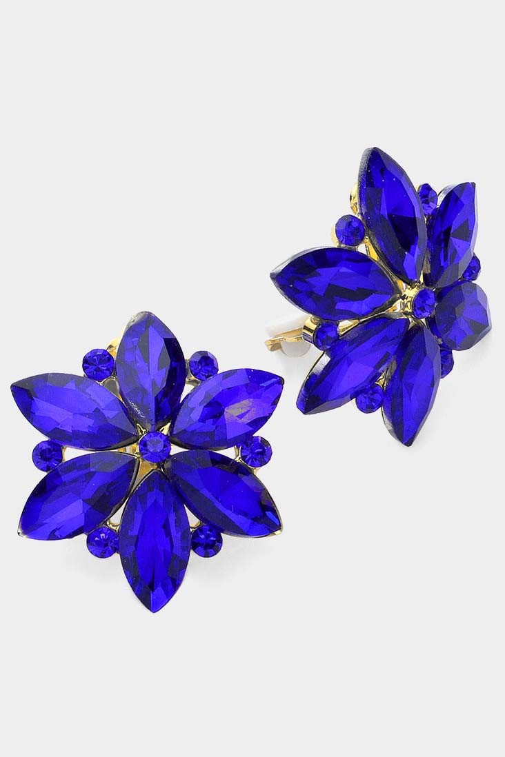 Glass Stone Flower Clip On Evening Earrings:
- Floral design with six petal-shaped blue gemstones
- Small round blue gemstones between petals
- White background
- Sizes available: One size