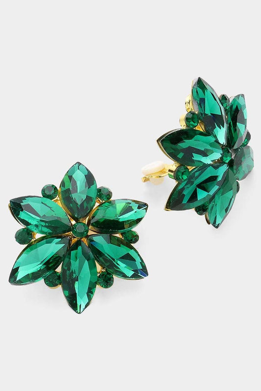 Glass Stone Flower Clip On Evening Earrings with golden settings. Green gem petals in marquise and round cuts form a flower design. Sizes: One size fits all.