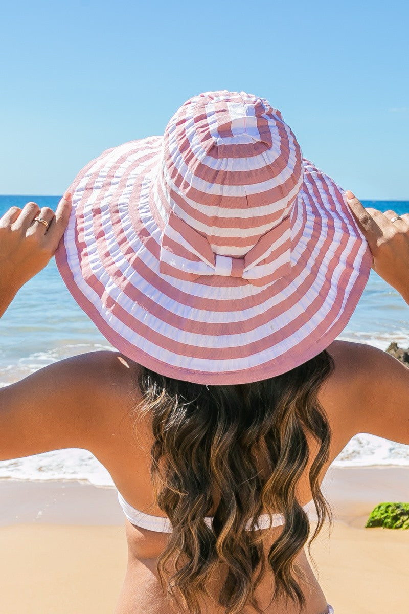 Stripe Bow Accent Sunhat: Pink and white design with striped bow. Sizes available: S, M, L.