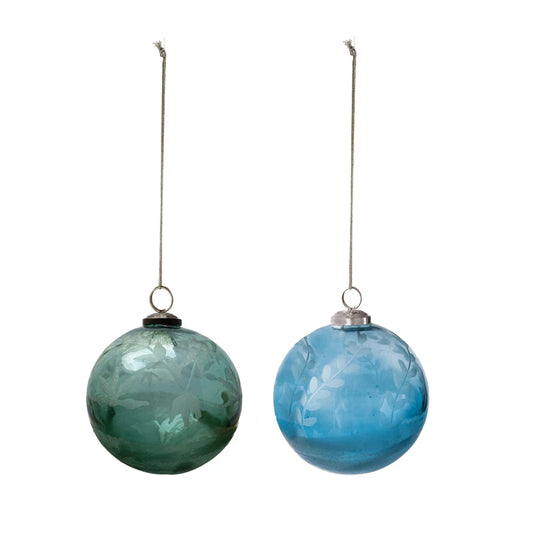 Recycled Glass Ball Ornament w/ Etched Leaves