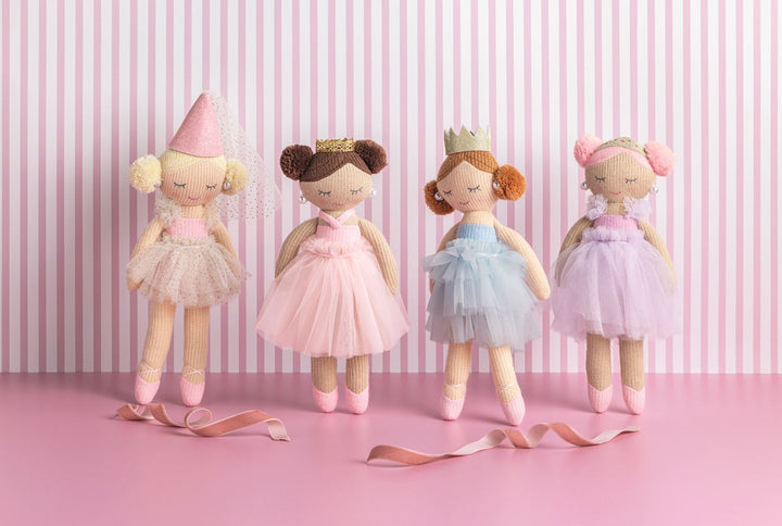 Four Princess Knit Dolls in pastel tutus and crowns. Available in small, medium, and large sizes.