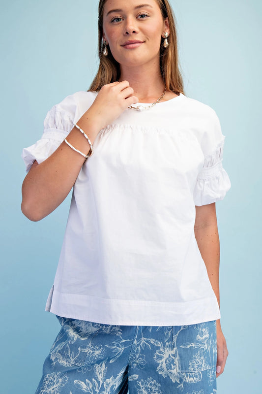 White Mixed Fabric Puff Sleeve Top featuring puff sleeves and mixed fabrics. Available in sizes XS-XL.