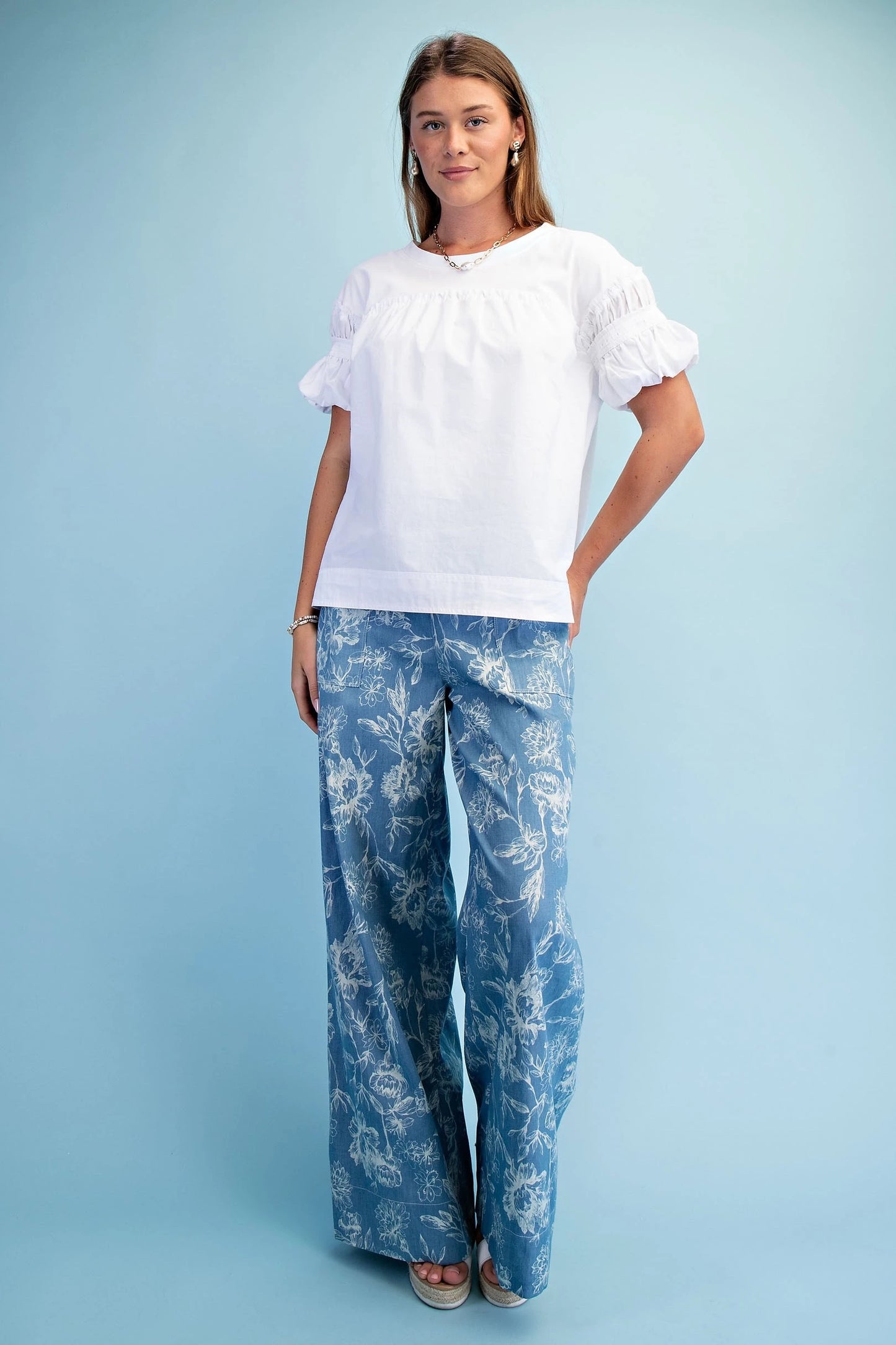 White Mixed Fabric Puff Sleeve Top, available in sizes XS-XL. Features puff sleeves and mixed fabric detail.