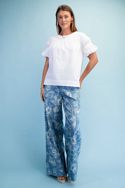 White Mixed Fabric Puff Sleeve Top, available in sizes XS-XL. Features puff sleeves and mixed fabric detail.