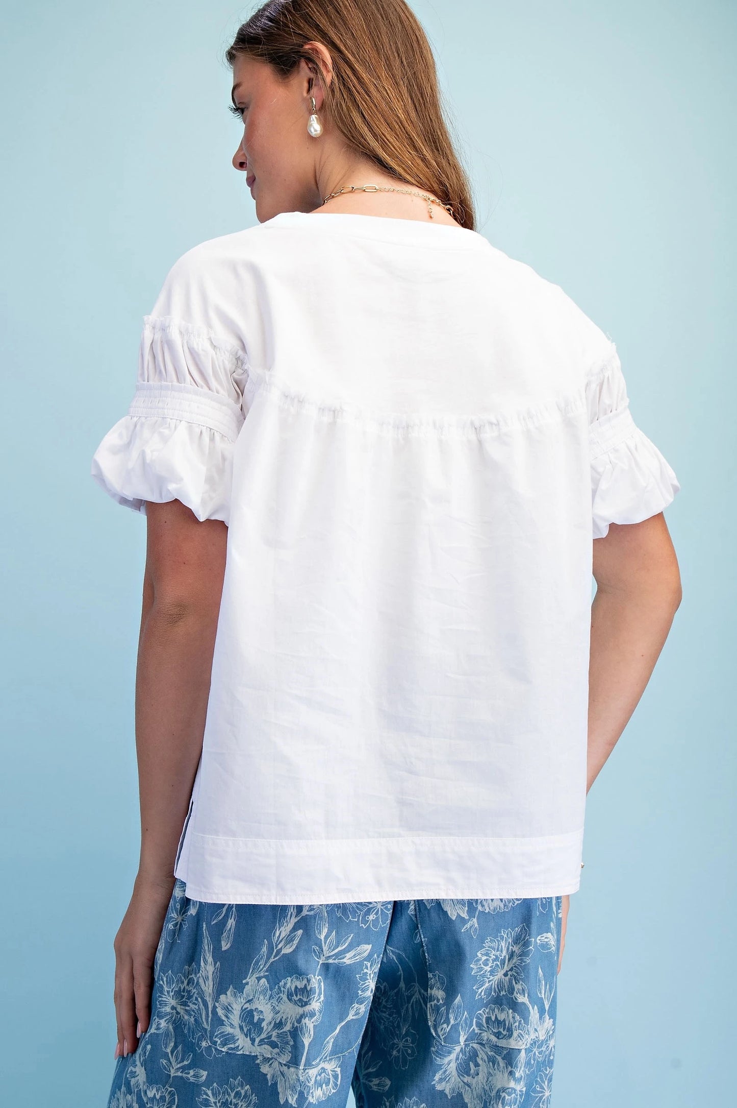 White Mixed Fabric Puff Sleeve Top, available in sizes XS-XL. Features puff sleeves and mixed-fabric design.