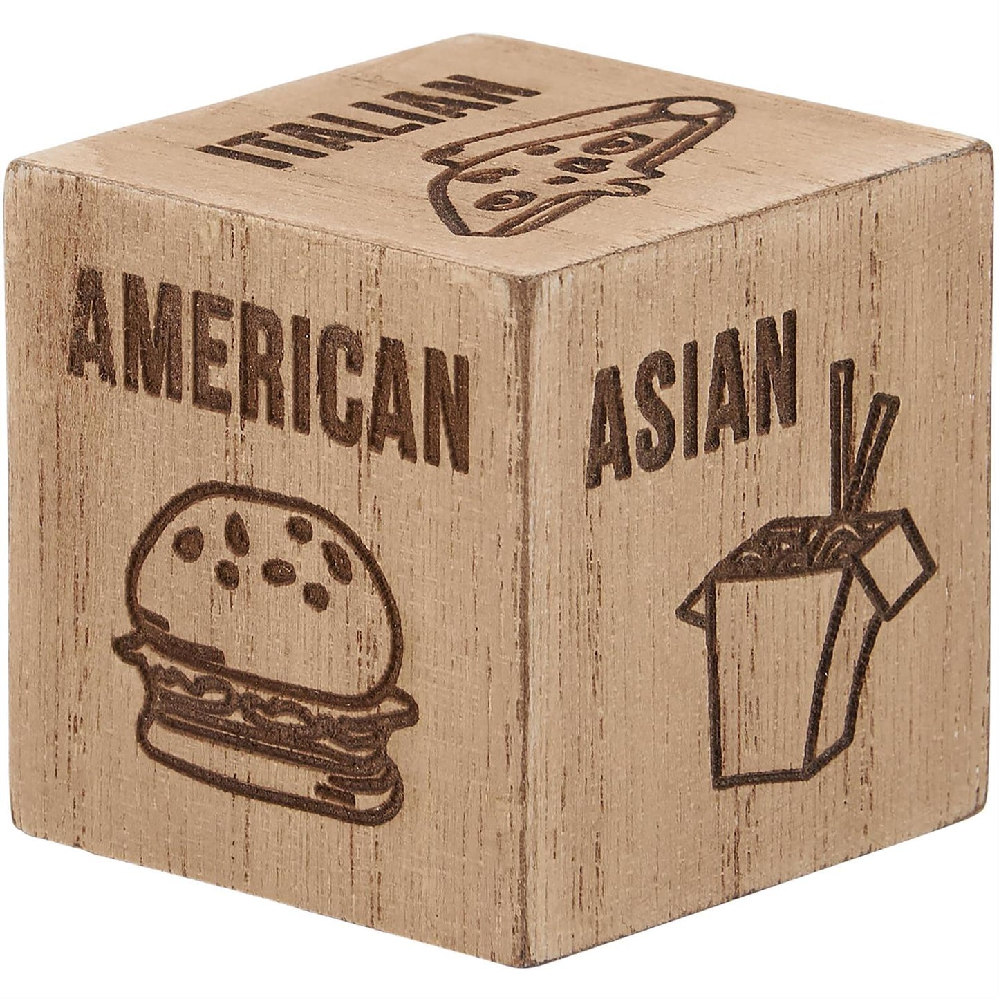 The Dinner Decision Dice is a kitchen accessory with three engraved sides: "Italian" (pizza slice), "American" (burger), and "Asian" (takeout box with chopsticks). Sizes available: One size.