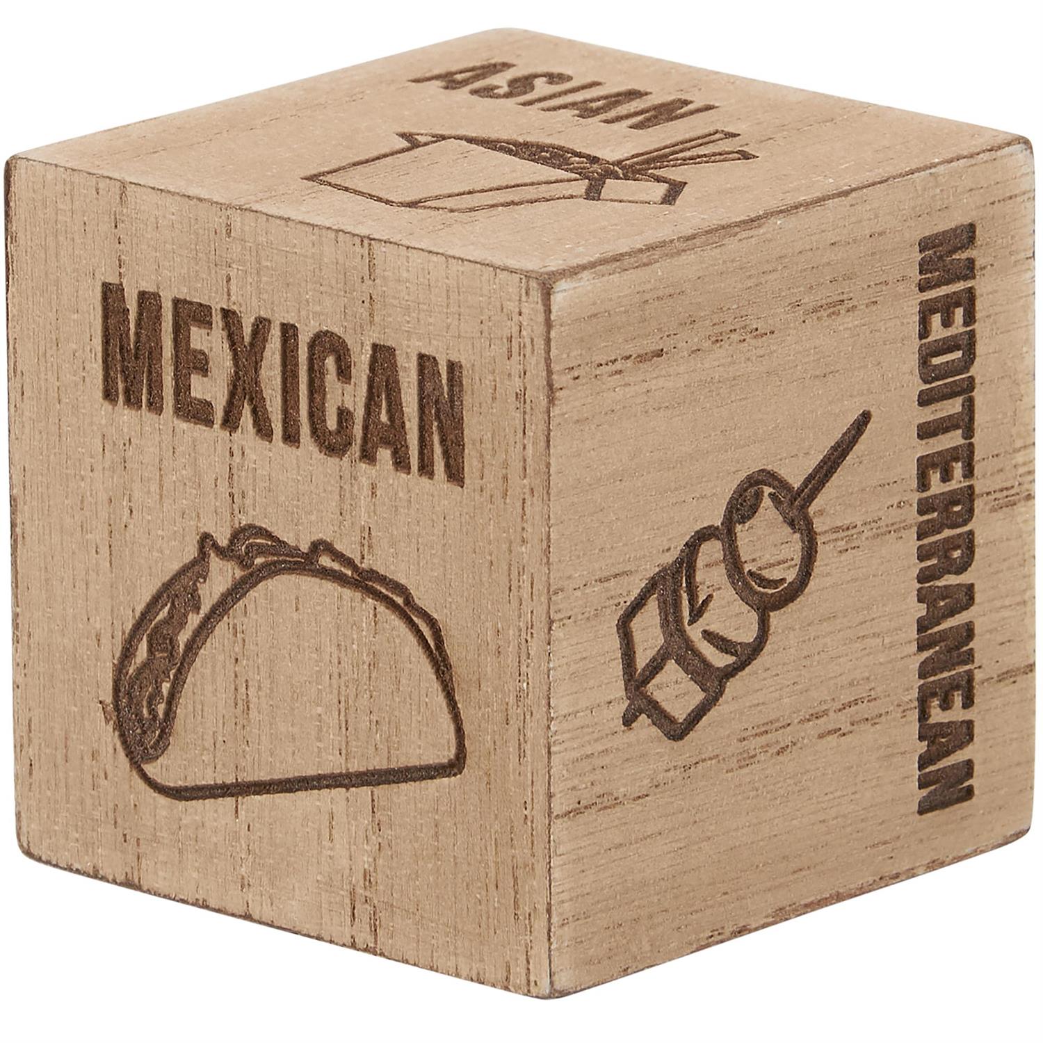 Meet the Dinner Decision Dice: a wooden cube offering meal inspiration with categories like "Mexican," "Asian," and "Mediterranean." Available in one size.