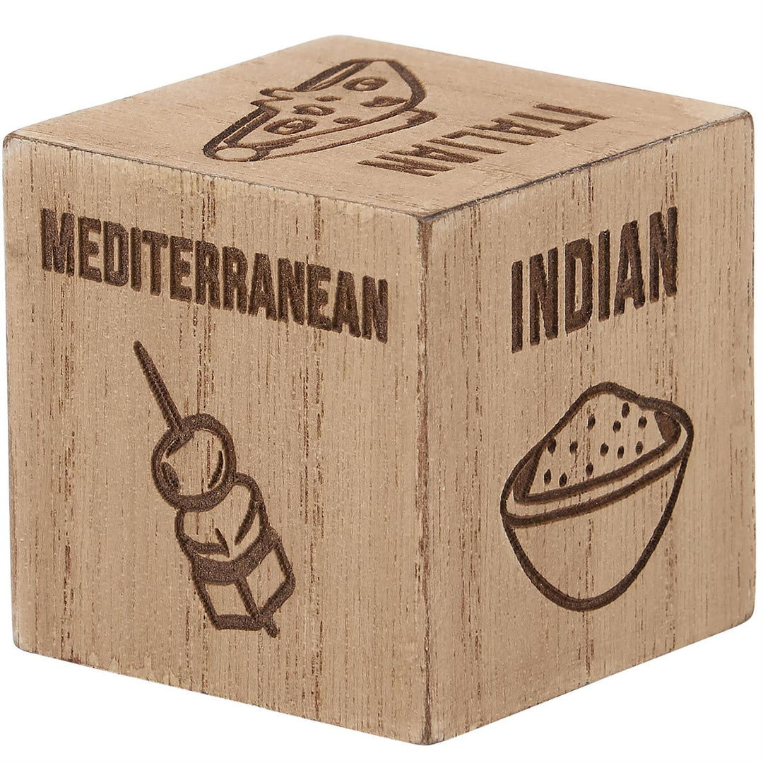 Dinner Decision Dice: Wooden cube with meal options—"ITALIAN," "MEDITERRANEAN," "INDIAN," etc. Perfect for choosing your next culinary adventure. Size: Standard dice dimensions.