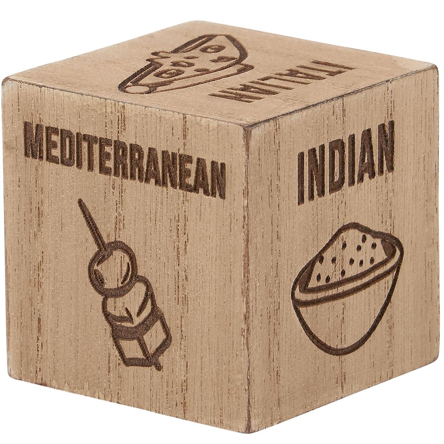 Dinner Decision Dice: Wooden cube with meal options—"ITALIAN," "MEDITERRANEAN," "INDIAN," etc. Perfect for choosing your next culinary adventure. Size: Standard dice dimensions.