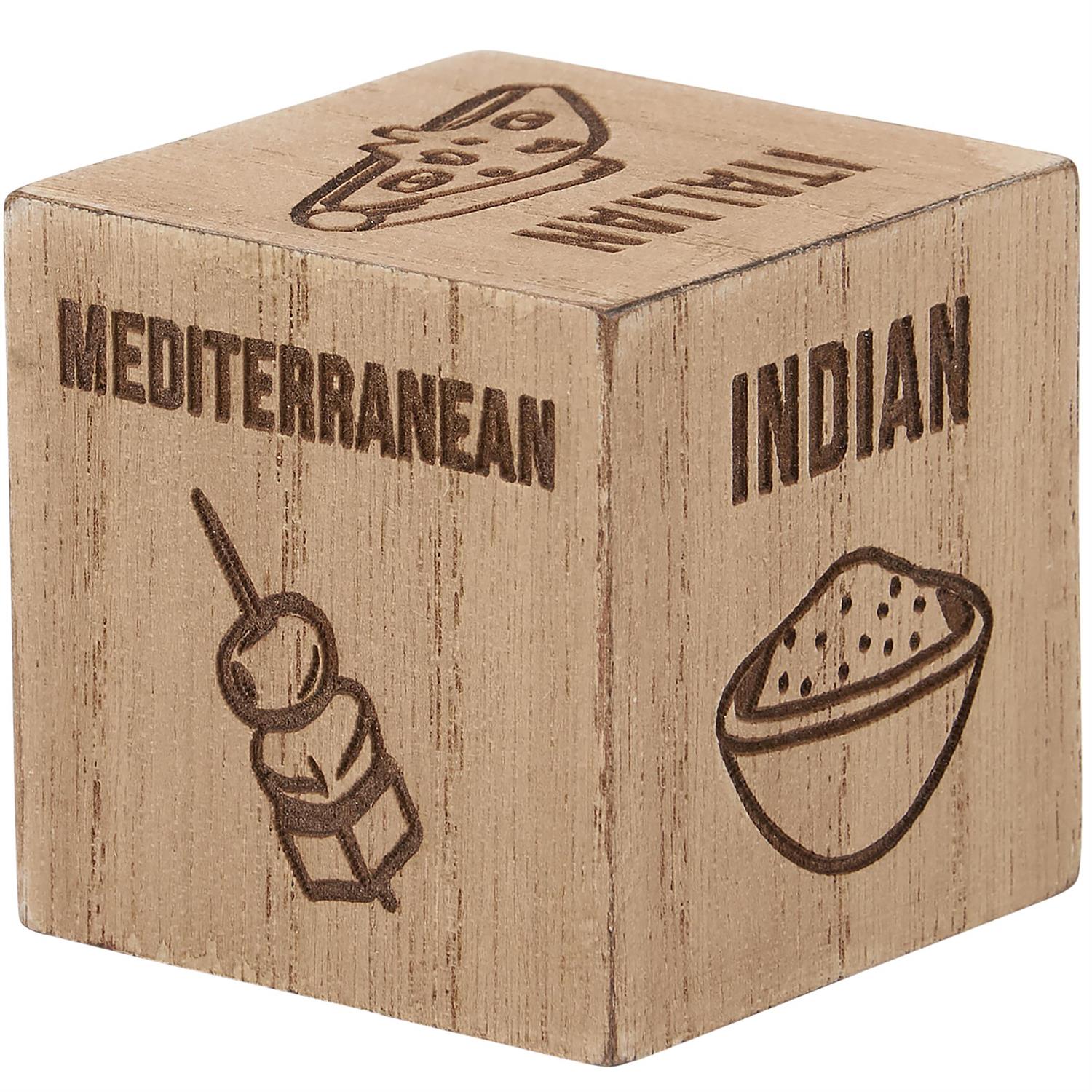 Dinner Decision Dice: Wooden cube with meal options—"ITALIAN," "MEDITERRANEAN," "INDIAN," etc. Perfect for choosing your next culinary adventure. Size: Standard dice dimensions.