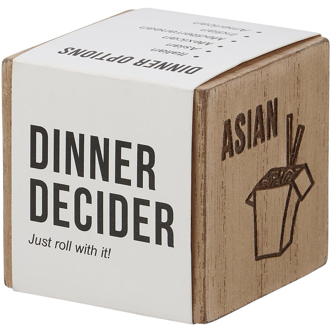 The Dinner Decision Dice is a fun kitchen tool featuring "Dinner Decider" on one side and "Asian" with a takeout noodle design on the other. Available sizes: One size.