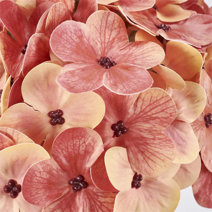Faux Pink Hydrangea Floral Picks feature pink petals with dark red centers and a vein-like pattern. Available in one standard size.