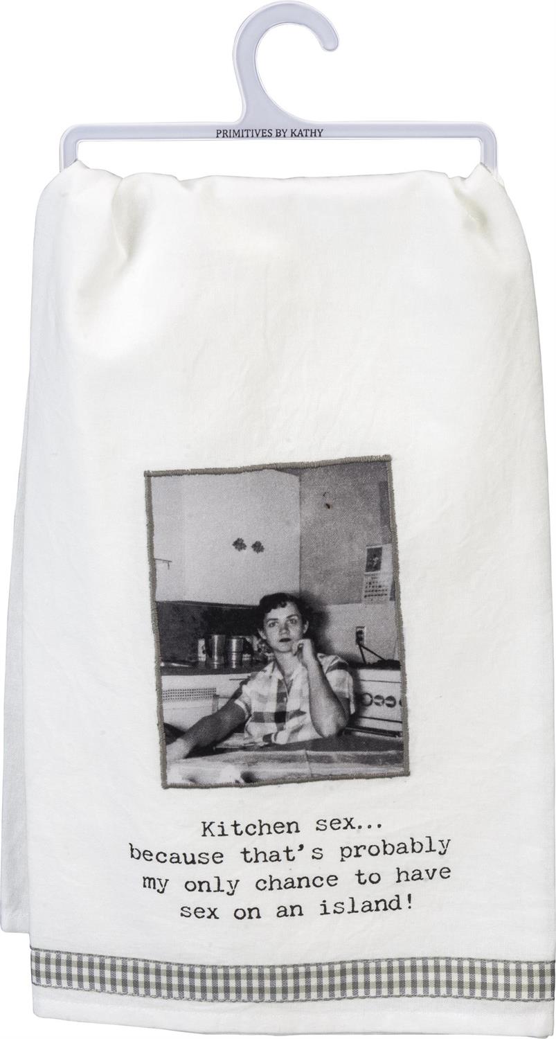 Kitchen Towel on plastic hanger, vintage photo, humorous text. Available in 16"x28" and 18"x30" sizes.