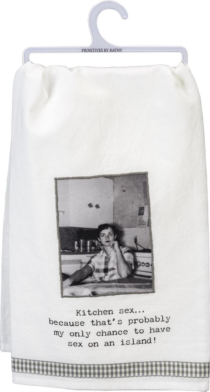 Kitchen Towel on plastic hanger, vintage photo, humorous text. Available in 16"x28" and 18"x30" sizes.