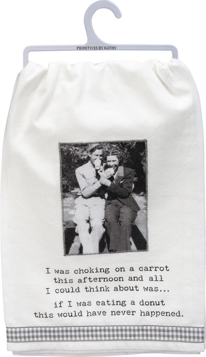 White cotton towel with vintage photo and humorous carrot/donut text. Available in standard kitchen towel size.