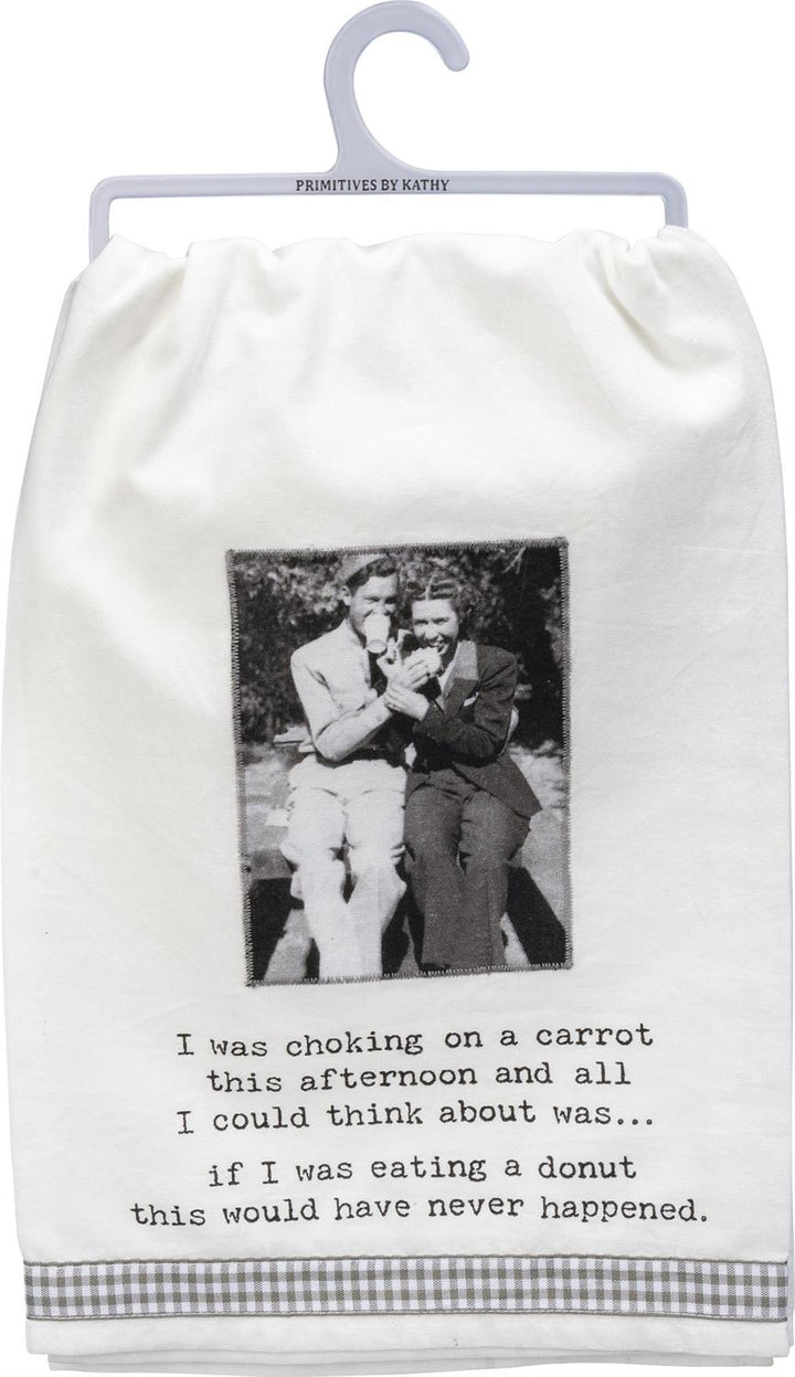 White cotton towel with vintage photo and humorous carrot/donut text. Available in standard kitchen towel size.