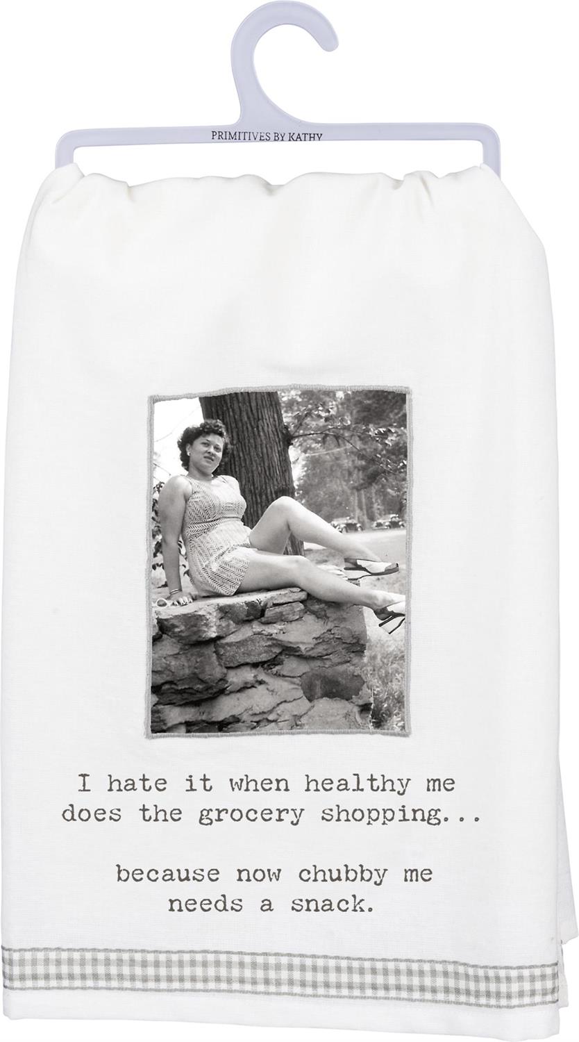 Humorous cotton kitchen towel with witty phrase; available in 16"x28" and 18"x30" sizes. Black-and-white photo design.