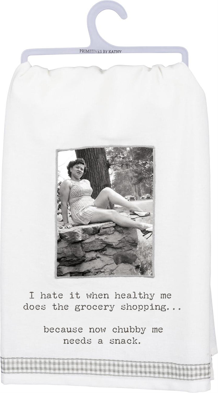 Humorous cotton kitchen towel with witty phrase; available in 16"x28" and 18"x30" sizes. Black-and-white photo design.