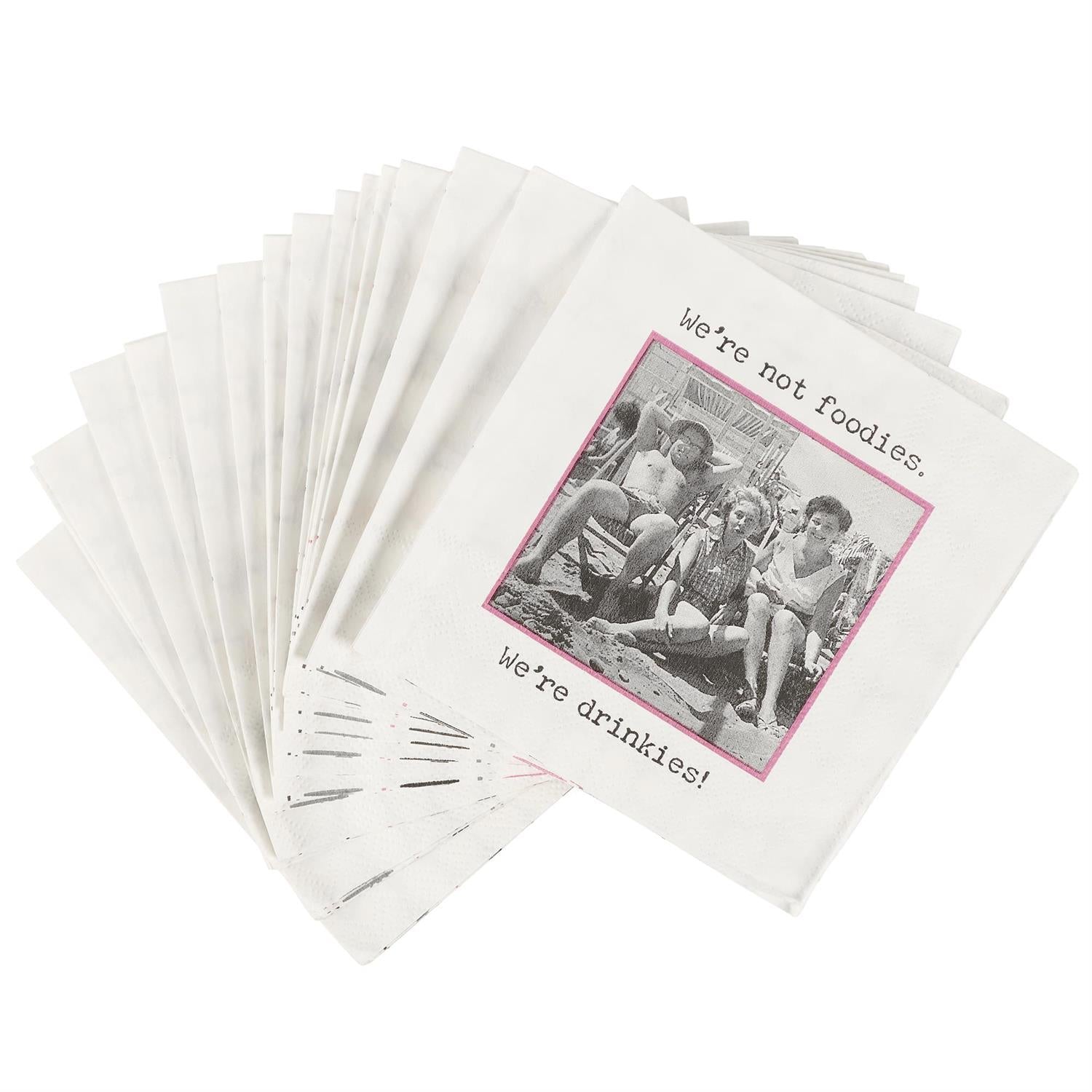 Beverage Napkins - Drinkies with "We're not foodies. We're drinkies!" in vintage style; available in 5"x5" size.