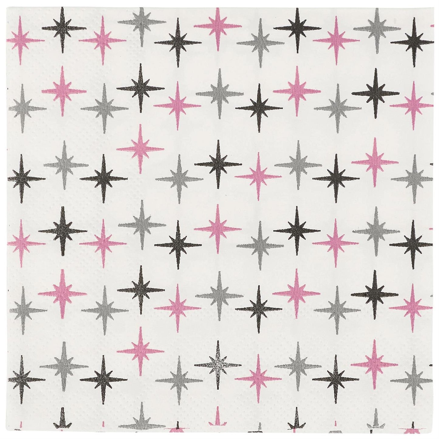 White beverage napkins with pink, gray, and black eight-pointed stars. Available in standard cocktail size.