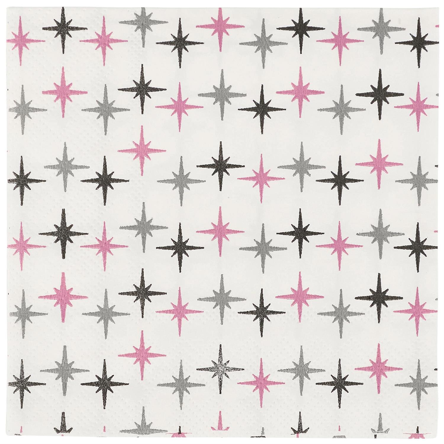 White beverage napkins with pink, gray, and black eight-pointed stars. Available in standard cocktail size.