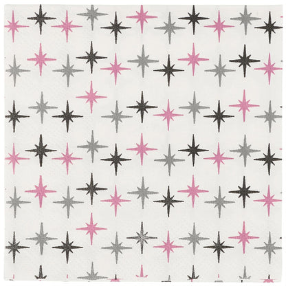 White beverage napkins with pink, gray, and black eight-pointed stars. Available in standard cocktail size.