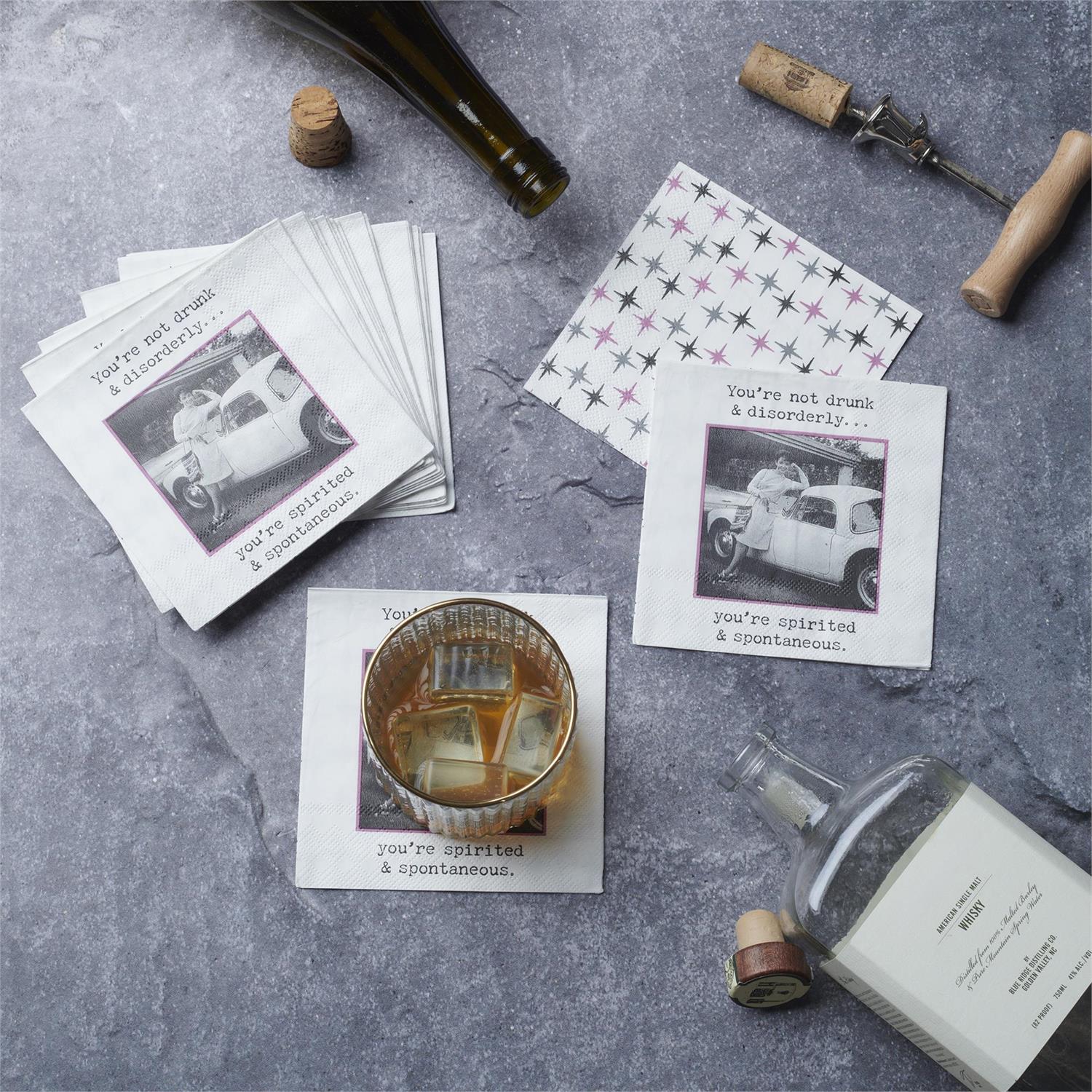 Beverage napkins with vintage photo and “You’re not drunk & disorderly. You’re spirited & spontaneous.” Sizes available.