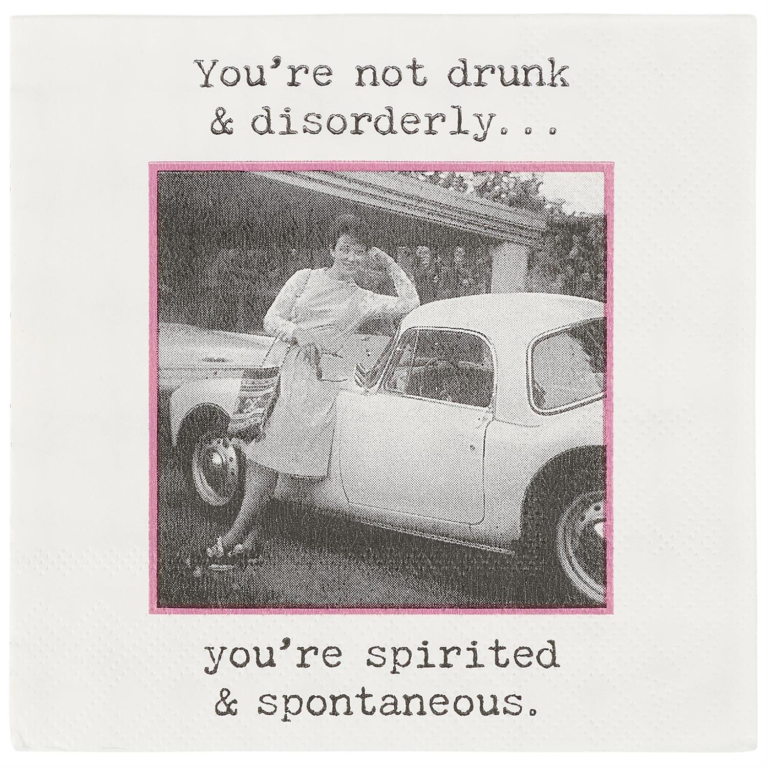 Beverage Napkins - Spirited And Spontaneous with retro caption. Available in 5"x5" size. Fun bar or cocktail napkin.