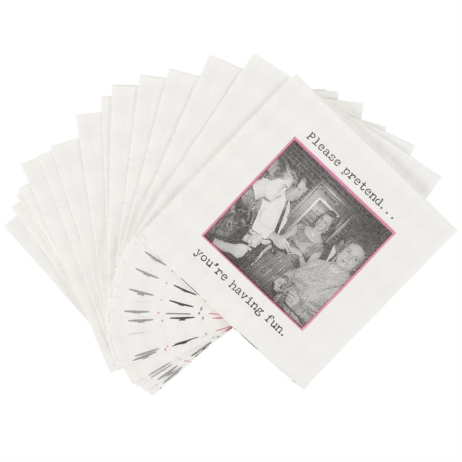 Beverage Napkins - Pretend You're Having Fun Features: Vintage black-and-white photo with a pink border and humorous caption for a retro touch. Sizes Available: Standard beverage napkin size.