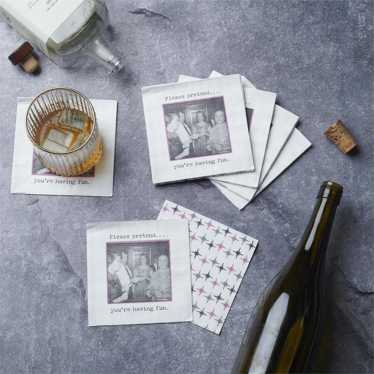 Beverage Napkins - Pretend You're Having Fun feature a vintage photo and a humorous sentiment. Available sizes: standard beverage size.