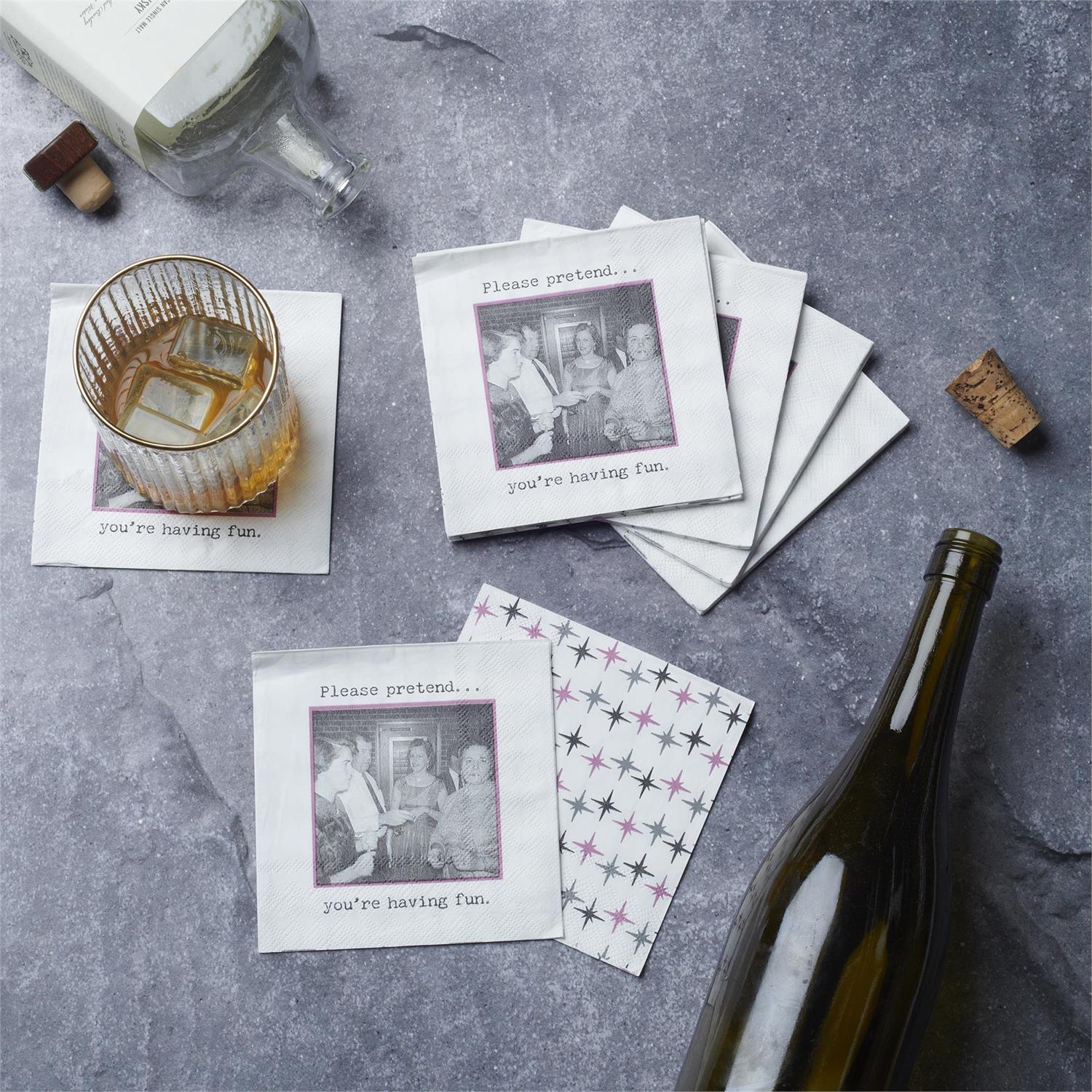 Beverage Napkins - Pretend You're Having Fun feature a vintage photo and a humorous sentiment. Available sizes: standard beverage size.