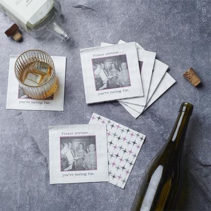 Beverage Napkins - Pretend You're Having Fun feature a vintage photo and a humorous sentiment. Available sizes: standard beverage size.