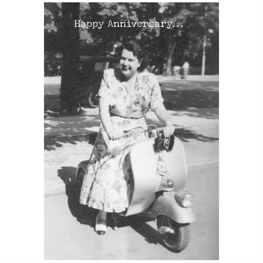 Black-and-white "Happy Anniversary..." greeting card available in standard and large sizes.