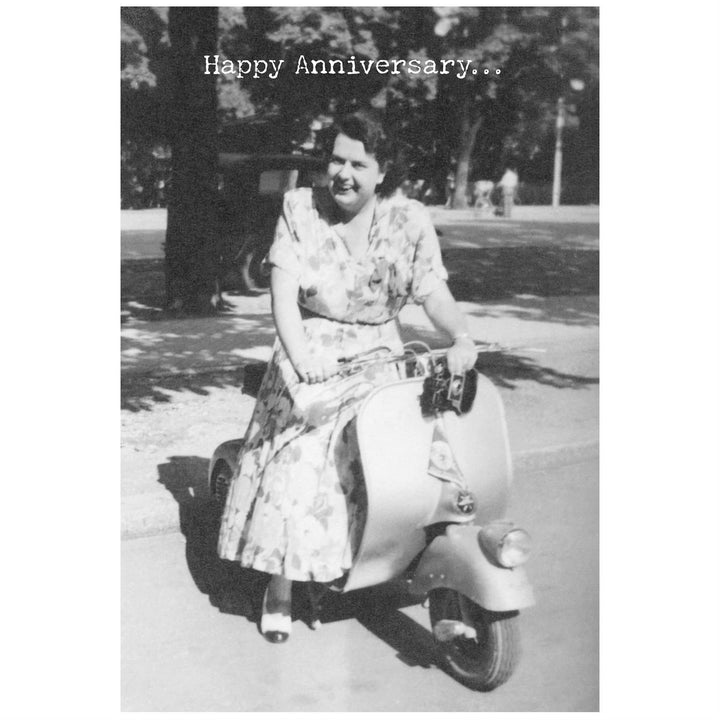 Black-and-white "Happy Anniversary..." greeting card available in standard and large sizes.