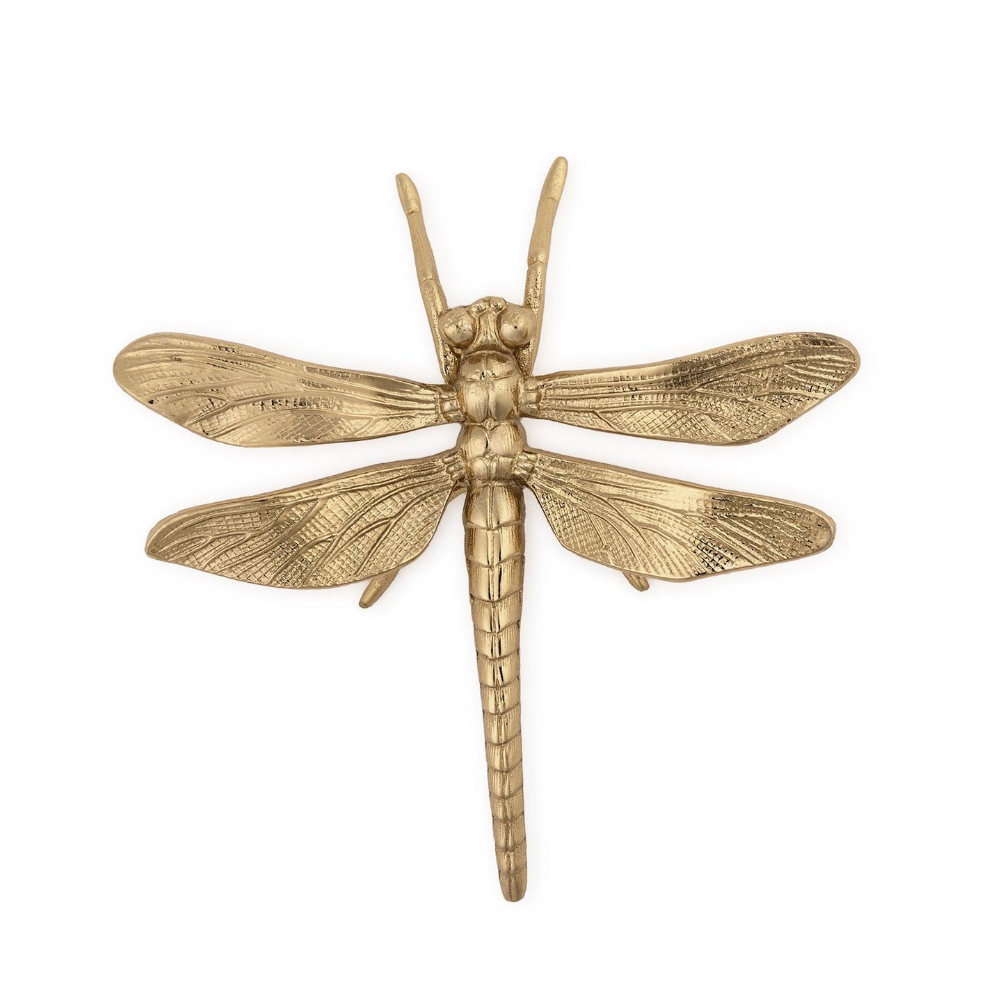 Gold-colored decorative dragonfly with intricately detailed wings and body, available in multiple sizes.