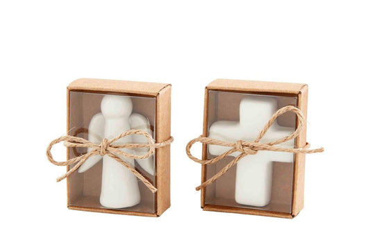 Small white ceramic angel figurine in a brown box with clear front and twine. Sizes available: small.