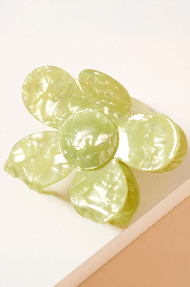 **Daisy Pearlized Hair Clip**
- Color: Green
- Shape: Flower (Daisy)
- Features: Translucent, five petals, glossy and textured material, iridescent appearance
- Size(s) available: [Please specify the size options if necessary]