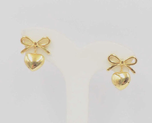 Stainless Steel Gold Open Bow with Puffy Heart Drop earrings, shiny gold heart charm. Available sizes: small, medium, large.