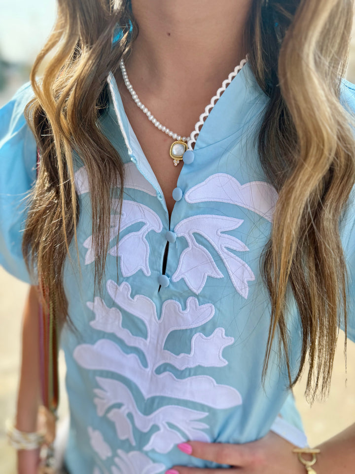 Aqua Baroque Appliqué Dress with white lace collar. Available in sizes XS-XL.