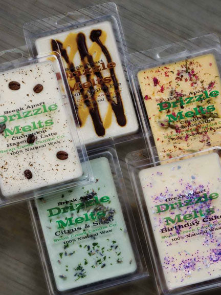 Five packs of Break Apart Melts, all-natural wax, vibrant colors, triple-scented, decorative toppings. Sizes: standard only.
