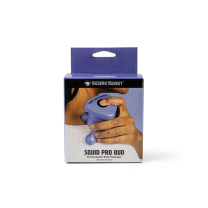 Purple box for "Modern Monkey Squid Pro Quo Rechargeable Body Massager" with specs, branding; sizes S, M, L.
