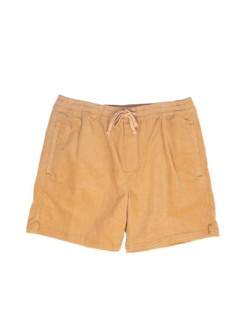 Men's tan corduroy shorts with elastic waistband, drawstring, and side pockets. Available in sizes S-XXL.