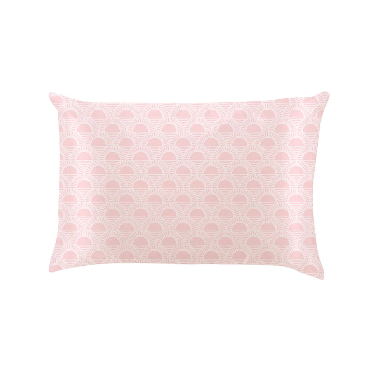 Rectangular travel pillowcase with a light pink background and repeating white scallop pattern; available in travel size.