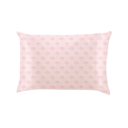 Rectangular travel pillowcase with a light pink background and repeating white scallop pattern; available in travel size.
