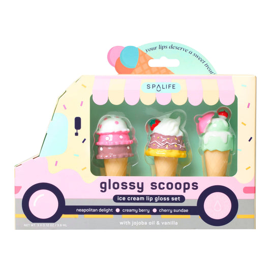 Glossy Scoops Lip Gloss Trio includes three moisturizing lip gloss cones in a pink ice cream truck box. Size info not provided.