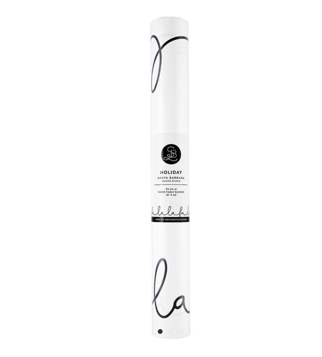 White paper table runner, 18 inches by 50 feet, with black cursive text and a circular product label.