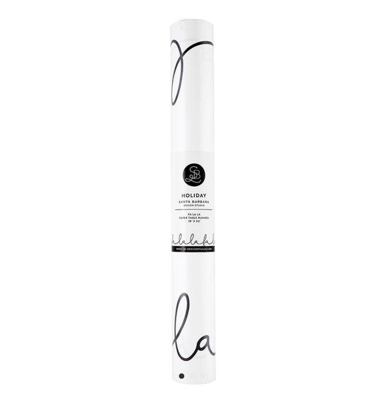 White paper table runner, 18 inches by 50 feet, with black cursive text and a circular product label.