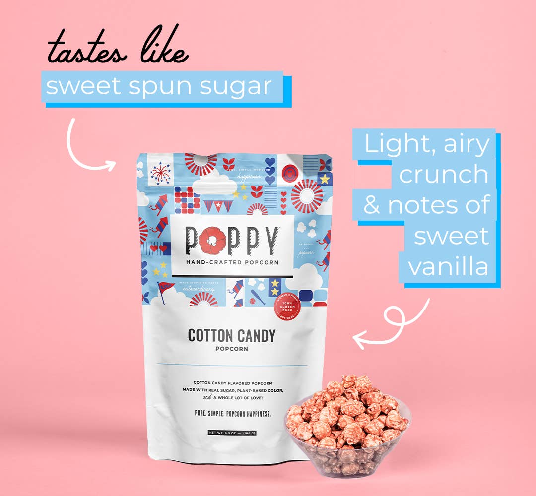 Cotton Candy Popcorn, vibrant bag. “Sweet spun sugar,” “airy crunch, vanilla notes.” Available in small and large sizes.