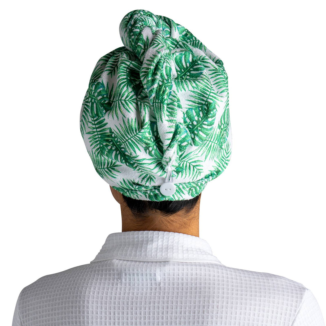 Lemon Lavender Plot Twist Turbo Towel with green leafy pattern shown; available in one size fits most.