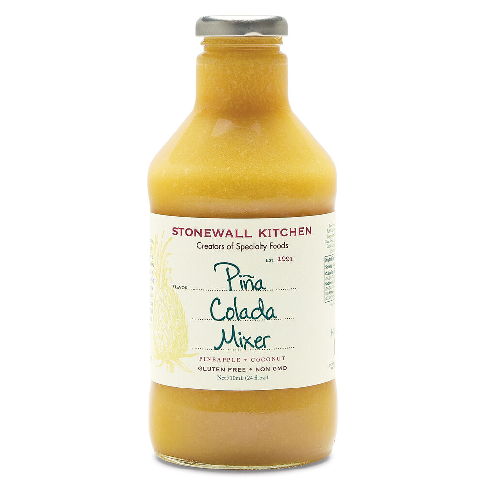 Piña Colada Mixer, 24 oz clear glass bottle, yellow drink, pineapple & coconut flavor, gluten free, non-GMO.